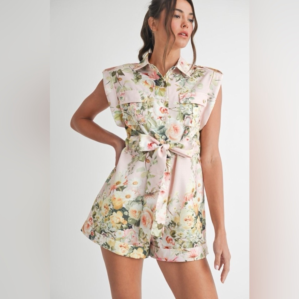 Button Up Floral Print Romper with Tie Waist - EB Luxe